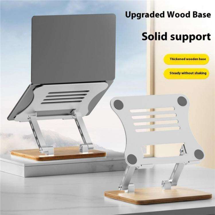 J32 Foldable Wood Base Desktop Metal Phone Holder Adjustable Laptop Stand(Silver)