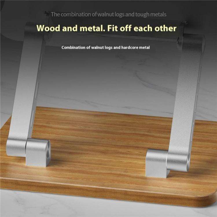 J32 Foldable Wood Base Desktop Metal Phone Holder Adjustable Laptop Stand(Silver)