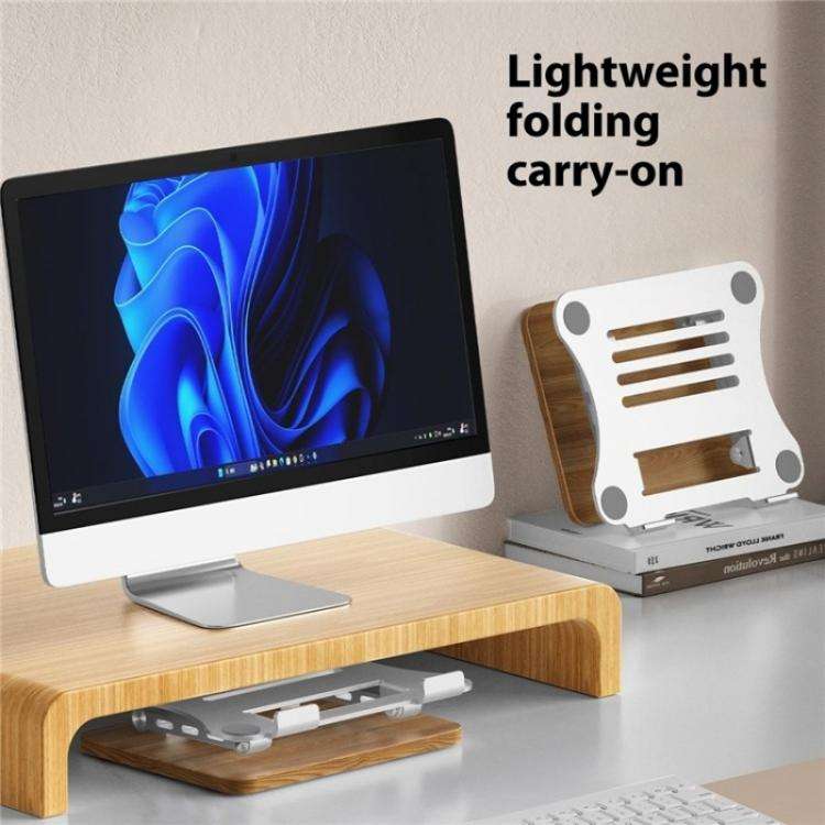 J32 Foldable Wood Base Desktop Metal Phone Holder Adjustable Laptop Stand(Silver)