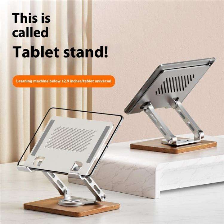 J27 Desktop Foldable Rotating Wooden Base Tablets Laptops Metal Cooling Holder(Silver)