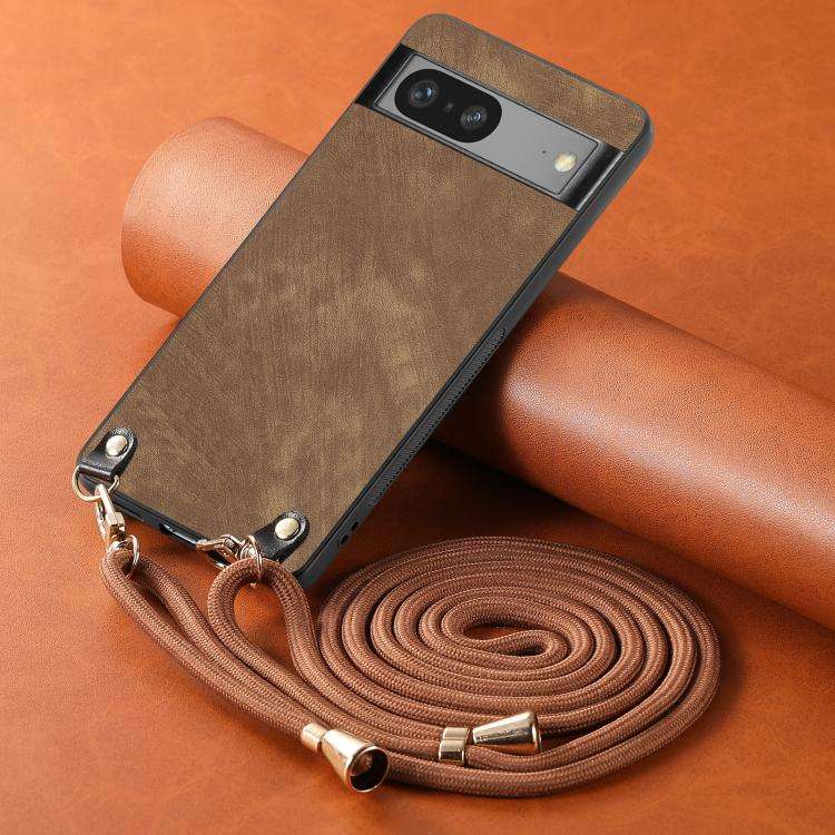 For Google Pixel 8 Vintage Leather PC Back Cover Phone Case with Crossbody Strap(Brown)