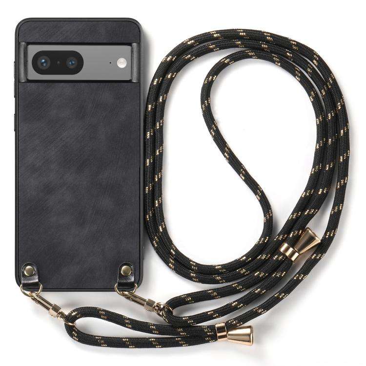 For Google Pixel 8a Vintage Leather PC Back Cover Phone Case with Crossbody Strap(Black)