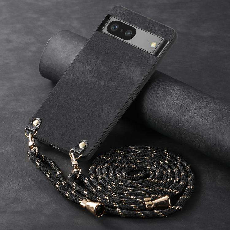 For Google Pixel 8a Vintage Leather PC Back Cover Phone Case with Crossbody Strap(Black)