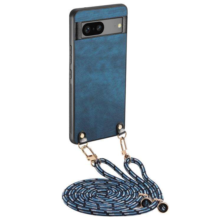For Google Pixel 8a Vintage Leather PC Back Cover Phone Case with Crossbody Strap(Blue)