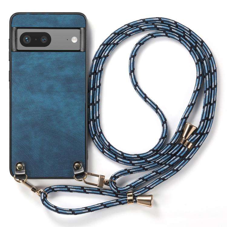 For Google Pixel 8a Vintage Leather PC Back Cover Phone Case with Crossbody Strap(Blue)