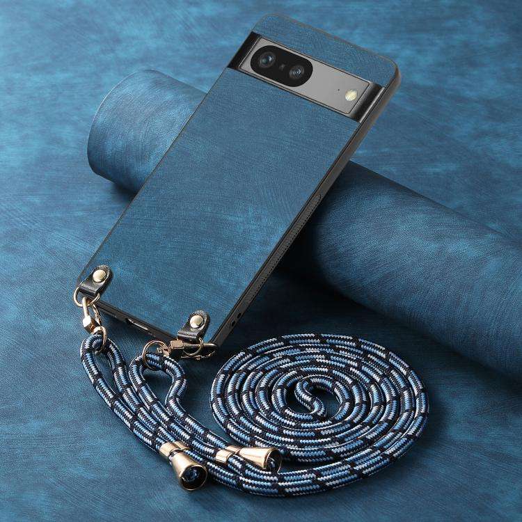 For Google Pixel 8a Vintage Leather PC Back Cover Phone Case with Crossbody Strap(Blue)