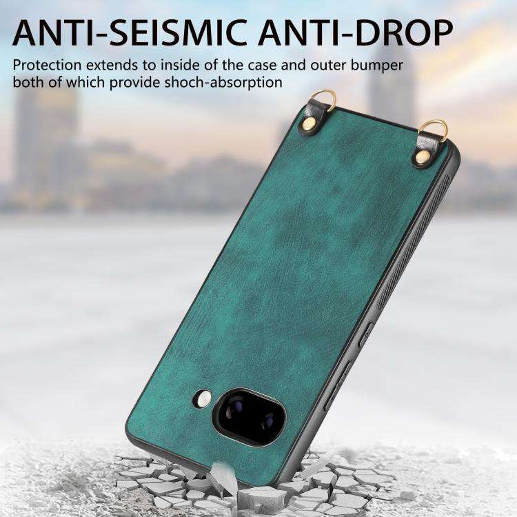 For Google Pixel 8a Vintage Leather PC Back Cover Phone Case with Crossbody Strap(Blue)