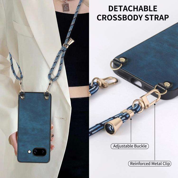 For Google Pixel 6 Vintage Leather PC Back Cover Phone Case with Crossbody Strap(Blue)