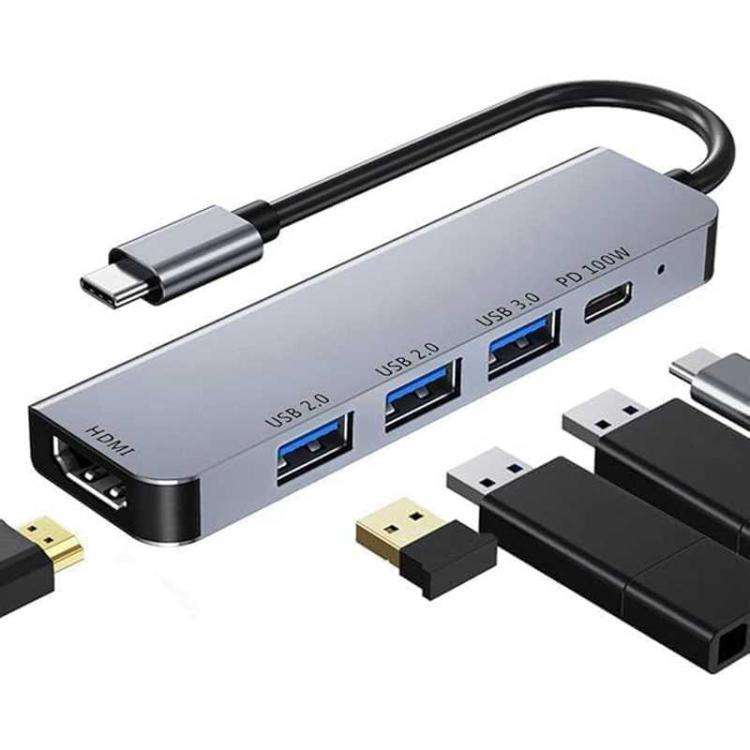 Type-C to HDMI Multiport Hub Adapter, 5-in-1 USB C Hub with 4K HDMI Display, USB 3.0, 100W PD Cha...