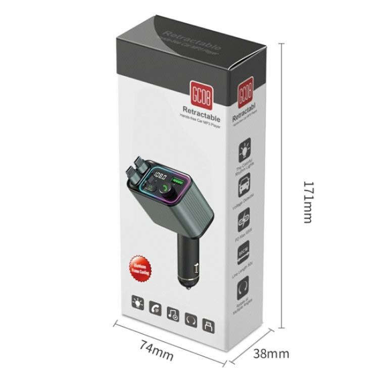 GC08C Dual Type-C Retractable Cables Ambient Light Voltage Display PD 65W Fast Car Charger