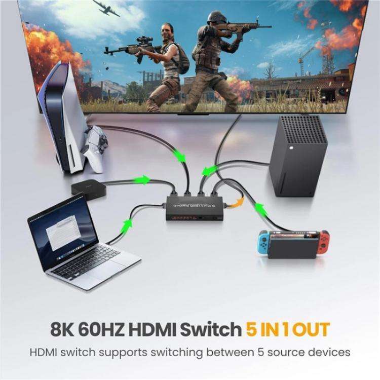 Q8-5 For Home Theater / Office HDMI 2.1 5x1 Switch 8K 60Hz Gaming Video Switcher  Control, Plug:E...