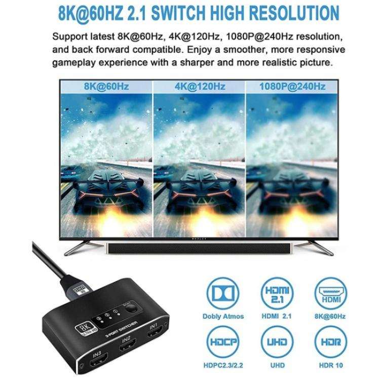Q8Q3-2 8K 3 In 1 Out HDMI 2.1 Video Switcher 4K 120Hz HDMI Switch