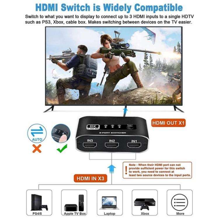 Q8Q3-2 8K 3 In 1 Out HDMI 2.1 Video Switcher 4K 120Hz HDMI Switch