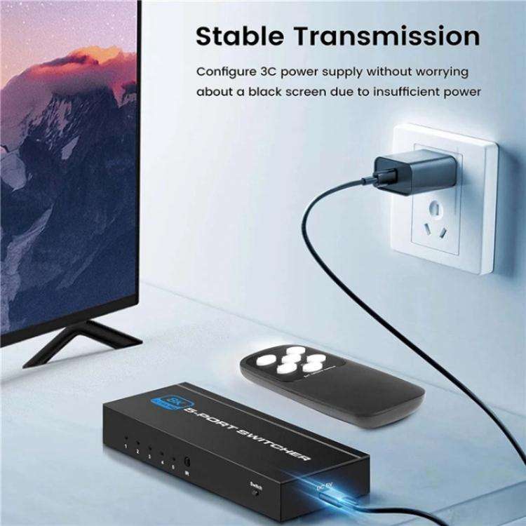 Q8Q5 For Gaming HDMI 2.1 Switch 5 In 1 Out 8K 60Hz 4K 120Hz High Refresh Rate Switcher, Plug:EU Plug
