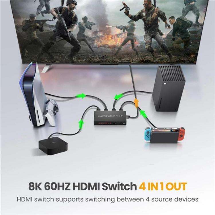 Q8-4 With Remote Control HDMI 2.1 8K 60Hz Gaming Home Theater Switcher 4x1 Adapter, Plug:EU Plug