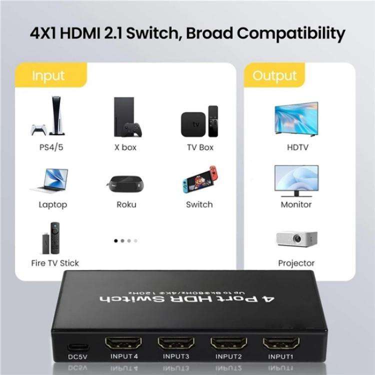 Q8-4 With Remote Control HDMI 2.1 8K 60Hz Gaming Home Theater Switcher 4x1 Adapter, Plug:EU Plug