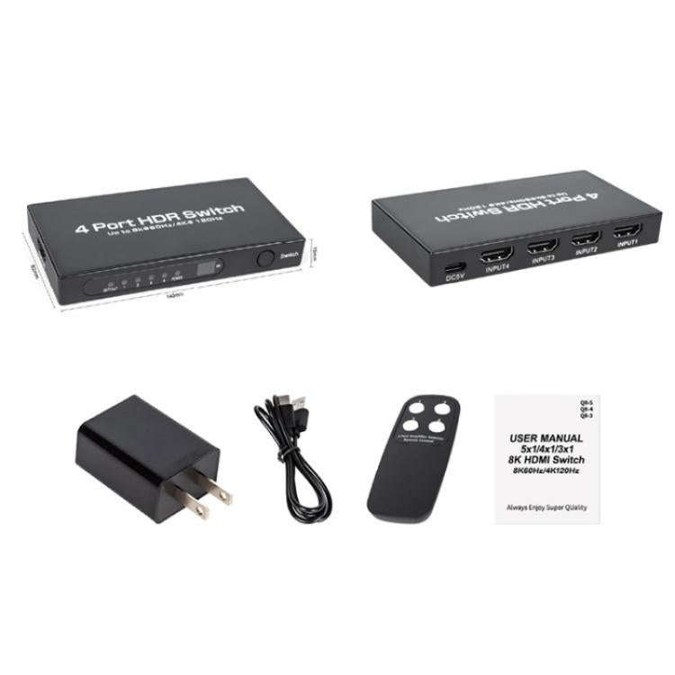 Q8-4 With Remote Control HDMI 2.1 8K 60Hz Gaming Home Theater Switcher 4x1 Adapter, Plug:EU Plug
