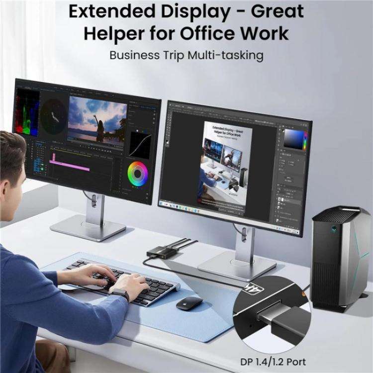 FD 1X2 4K 144HZ Audio Extractor Splitter DisplayPort 1.4 to Dual DisplayPort MST Hub, Plug:EU Plug