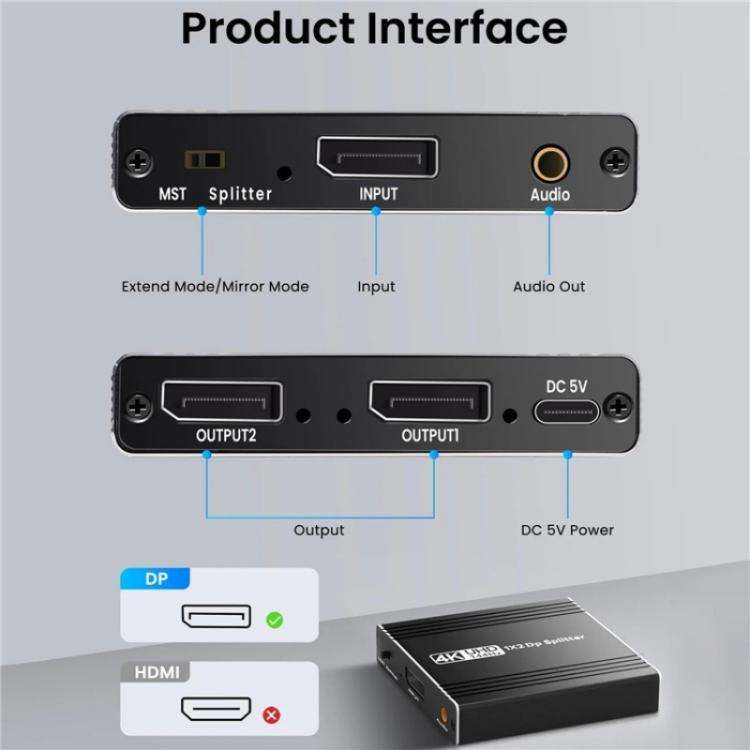 FD 1X2 4K 144HZ Audio Extractor Splitter DisplayPort 1.4 to Dual DisplayPort MST Hub, Plug:EU Plug