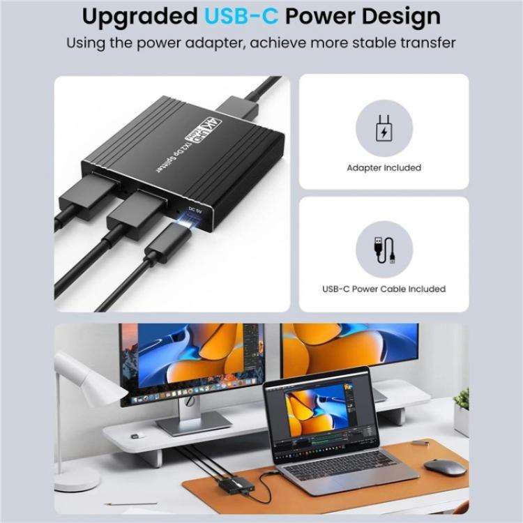 FD 1X2 4K 144HZ Audio Extractor Splitter DisplayPort 1.4 to Dual DisplayPort MST Hub, Plug:EU Plug