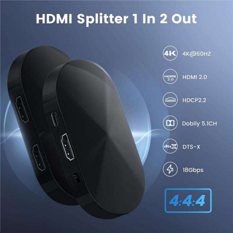 F12A For Dual Monitors HDMI 2.0 Splitter 1x2 4K 30Hz 1080P 3D HDCP2.2 HDMI Adapter, Plug:EU Plug
