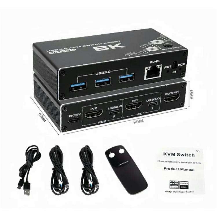 K1 2 Ports HDCP 2.3 RJ45 USB 3.0 Hubs Adapter 4K 120Hz HDMI 2.0b USB-C KVM Switch(Black)