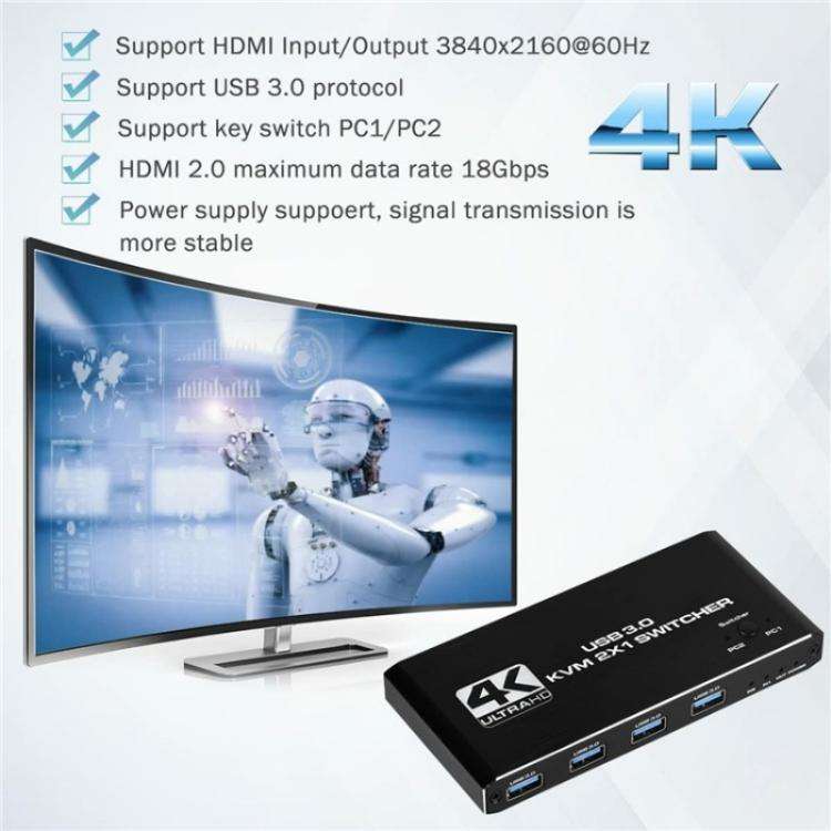 K2 Dual Computer Control 4K 60Hz USB 3.0 KVM Switch 2 In 1 Out Adapter