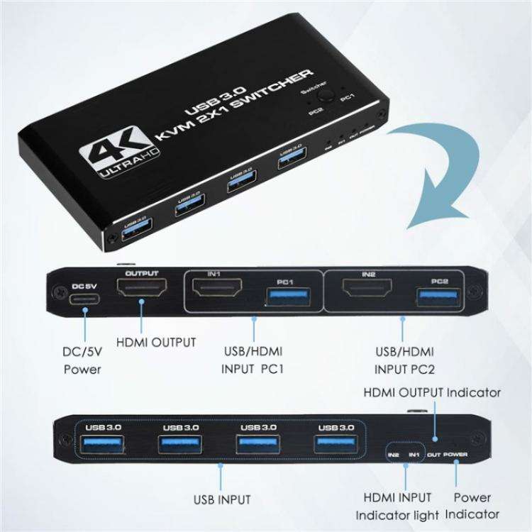 K2 Dual Computer Control 4K 60Hz USB 3.0 KVM Switch 2 In 1 Out Adapter