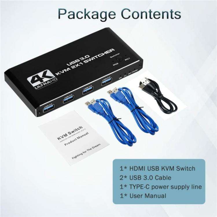 K2 Dual Computer Control 4K 60Hz USB 3.0 KVM Switch 2 In 1 Out Adapter