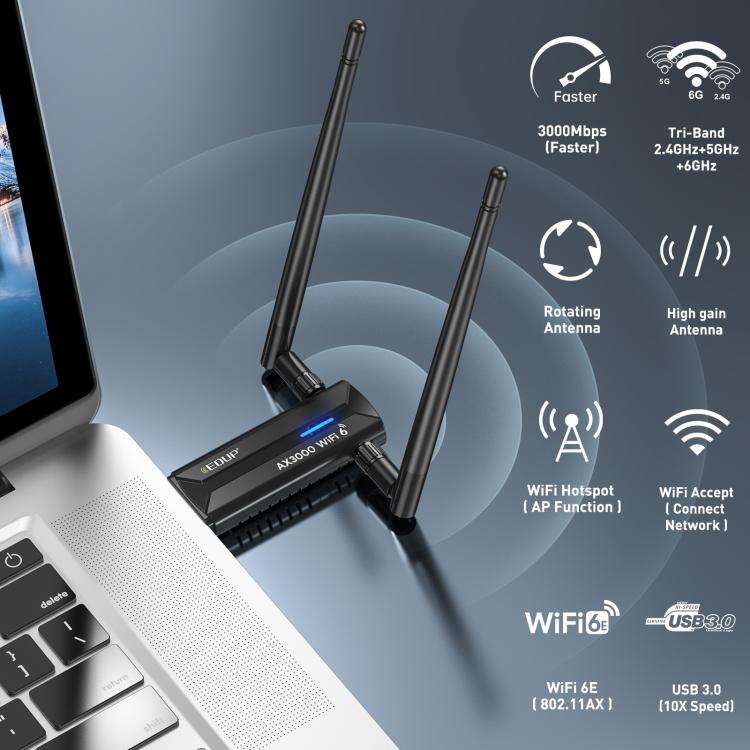 EDUP EP-AX1672 AX3000 USB 3.0 Wireless WiFi 6E Adapter 802.11g High Power Wireless USB Adapter 2....