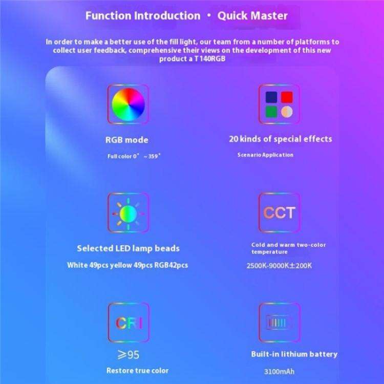 T140RGB Portable Full Color Fill Light for Video Recording / Live Photography