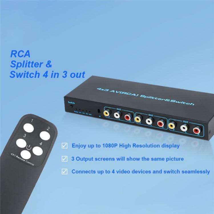 RCA 4 In 3 Out AV Audio Video Signal Composite Switcher AV Switch Splitter Box, Plug:EU Plug