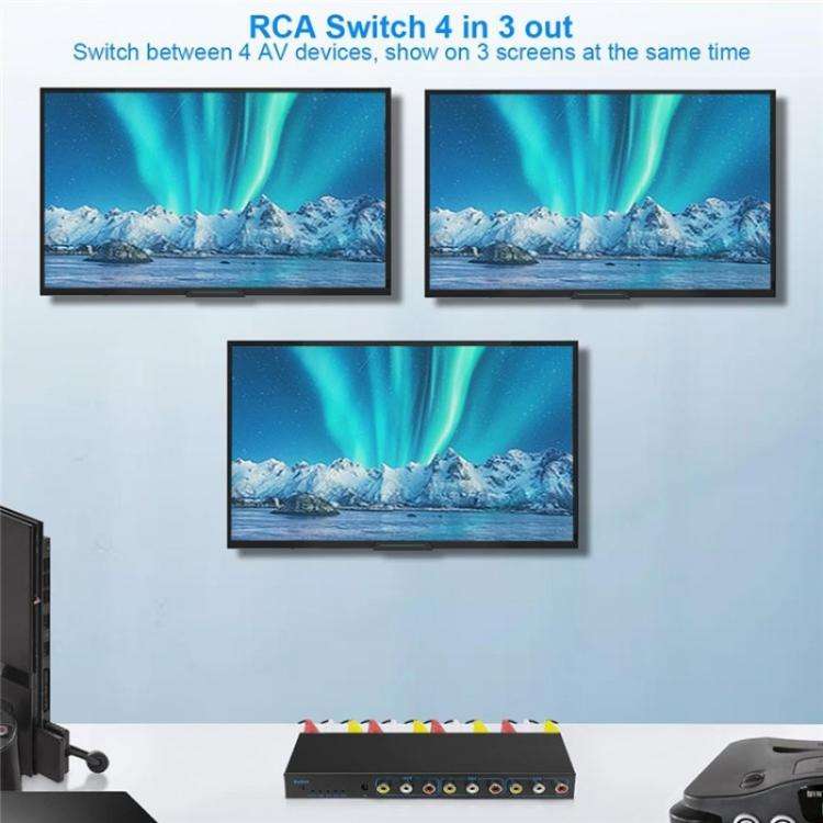 RCA 4 In 3 Out AV Audio Video Signal Composite Switcher AV Switch Splitter Box, Plug:EU Plug