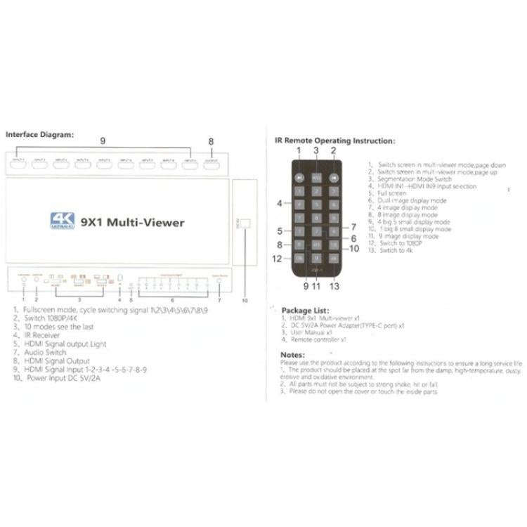 JQF1  9 in 1 Out Switch Adapter Screen Splitter 4K HDMI Multi Viewer Switcher, Plug:US Plug