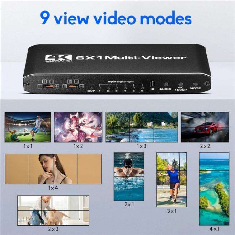 JQF2 4K Seamless Switcher Screen Splitter Multiple Display Modes 6 in 1 Out HDMI Multiviewer, Plu...