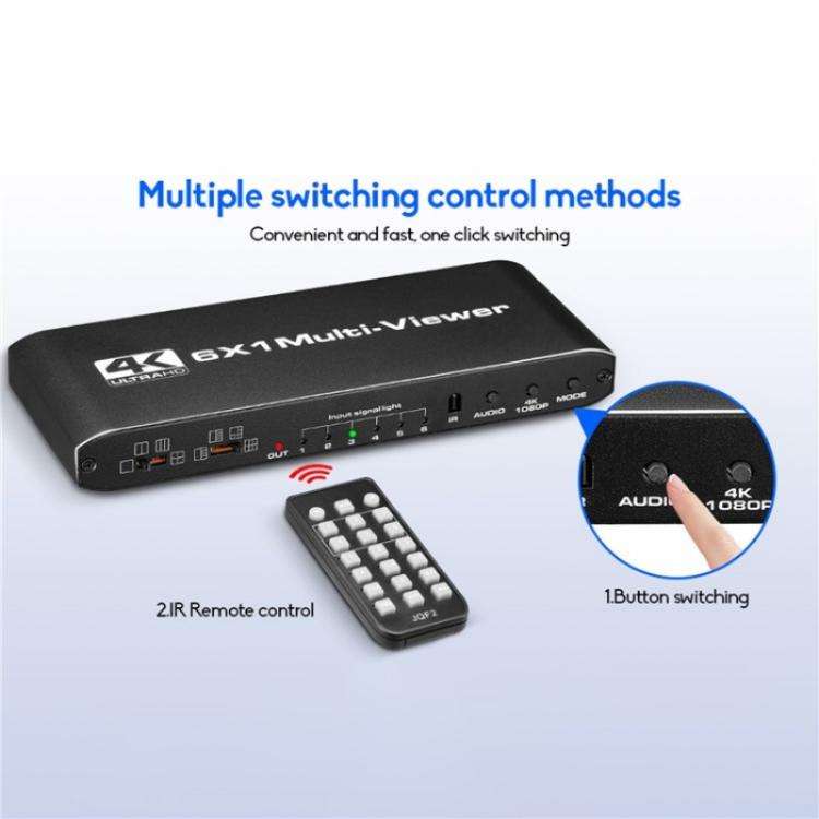 JQF2 4K Seamless Switcher Screen Splitter Multiple Display Modes 6 in 1 Out HDMI Multiviewer, Plu...