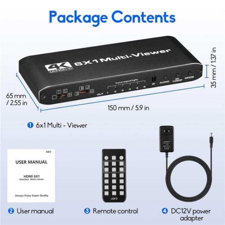 JQF2 4K Seamless Switcher Screen Splitter Multiple Display Modes 6 in 1 Out HDMI Multiviewer, Plu...