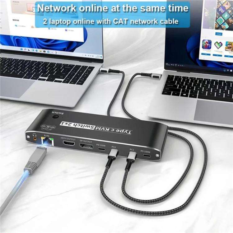 K8 With RJ45 Ethernet Port 2 In 1 Out Type C KVM Switcher 7 USB 2.0 Ports Docking Station