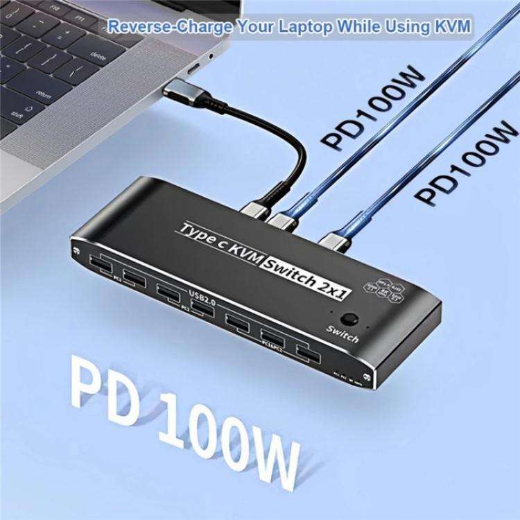 K8 With RJ45 Ethernet Port 2 In 1 Out Type C KVM Switcher 7 USB 2.0 Ports Docking Station
