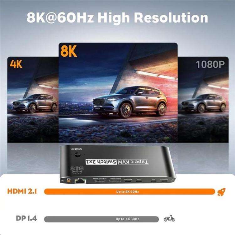 K8 With RJ45 Ethernet Port 2 In 1 Out Type C KVM Switcher 7 USB 2.0 Ports Docking Station