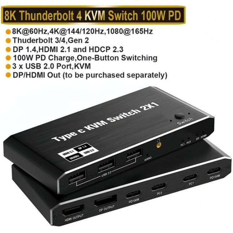 K7 With 3 USB 2.0 Ports 8K 60Hz HD / DP 100W PD Charging Type C KVM Switcher