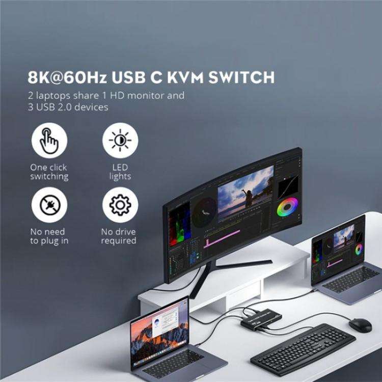 K7 With 3 USB 2.0 Ports 8K 60Hz HD / DP 100W PD Charging Type C KVM Switcher