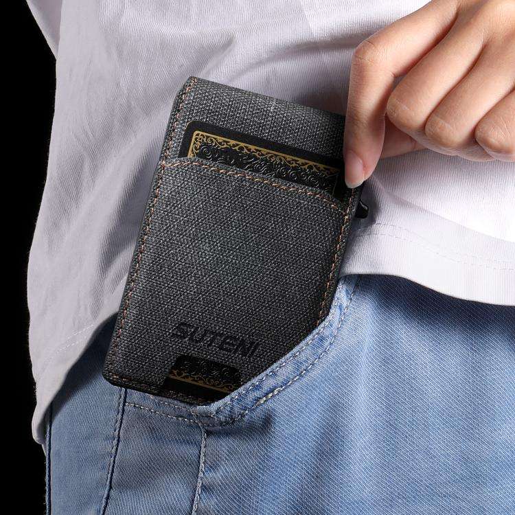 Suteni Denim Pattern Button Automatically Pops Out the Card Box(Black)