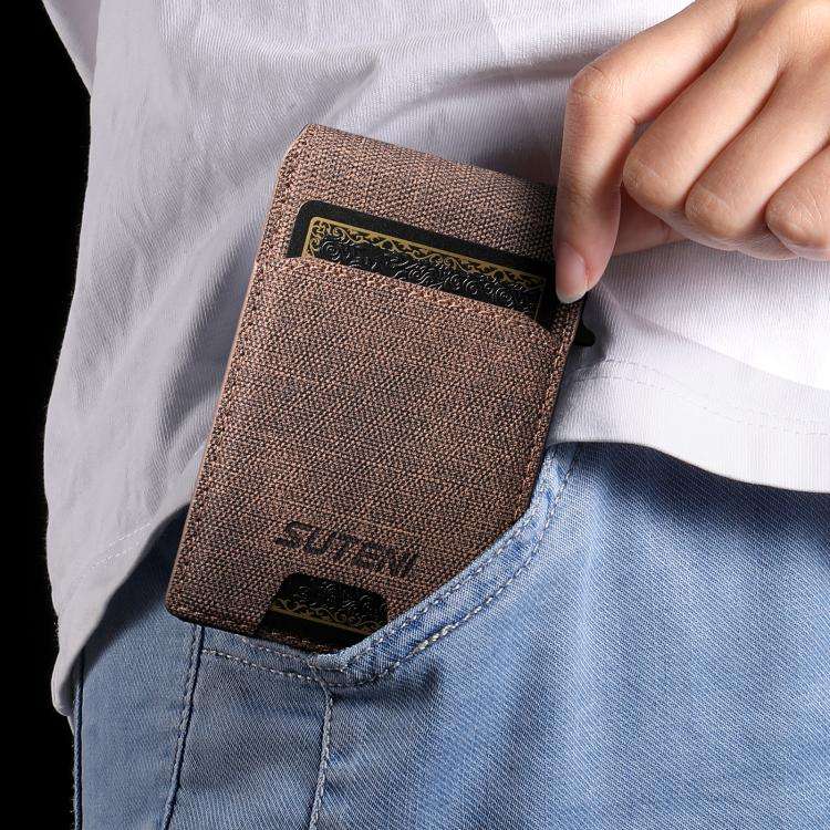 Suteni Denim Pattern Button Automatically Pops Out the Card Box(Brown)