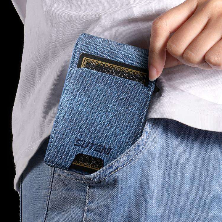 Suteni Denim Pattern Button Automatically Pops Out the Card Box(Blue)