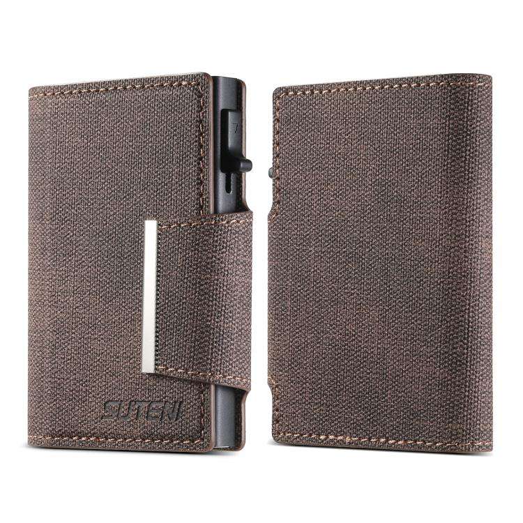 Suteni Denim Buckle Button Automatically Pops Out the Card Box(Brown)