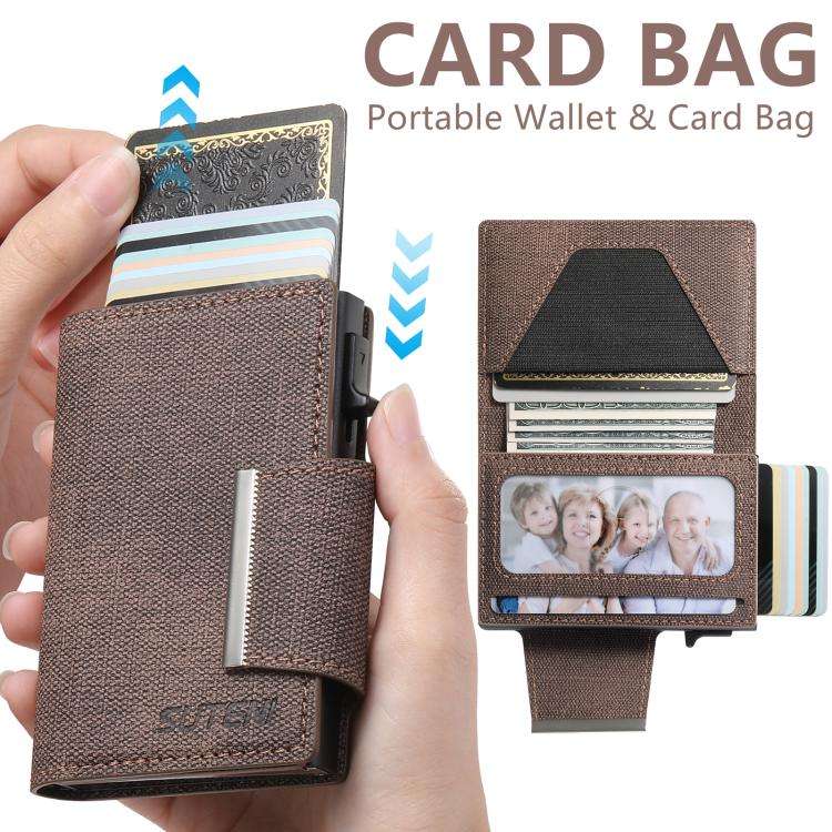 Suteni Denim Buckle Button Automatically Pops Out the Card Box(Brown)
