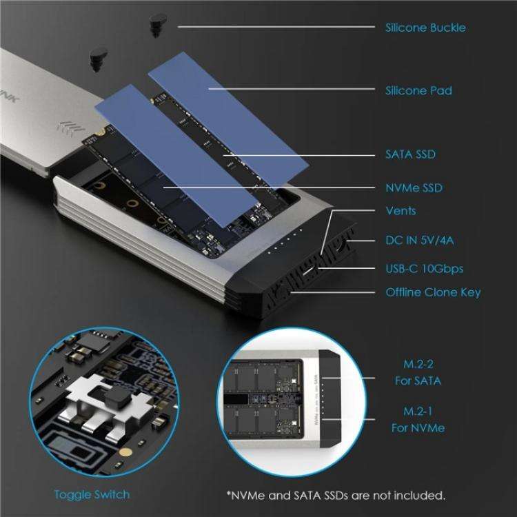 WAVLINK ST347 One-Click Offline Clone Dual Slot M.2 SSD Enclosure USB-C 3.2 Gen2 10Gbps(EU Plug)