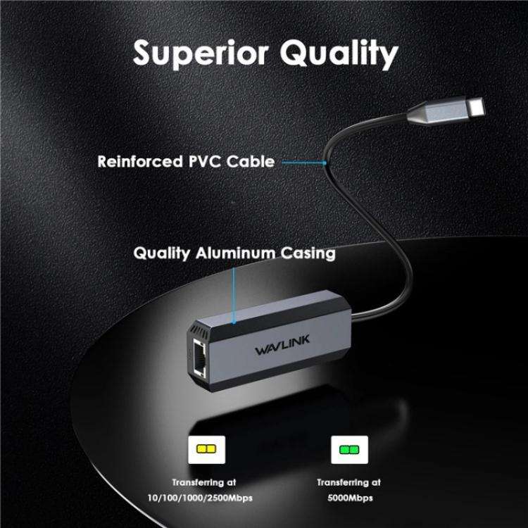 WAVLINK WL-NWU341G Laptop USB-C to 5000Mbps RJ45 LAN Ethernet Network Adapter