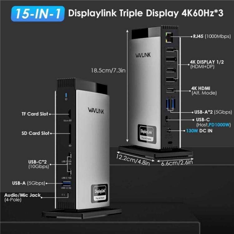 WAVLINK WL-UG69PD13Pro DisplayLink Docking Station 15 in 1 USB-C Hub for MacBook Laptop(US Plug)